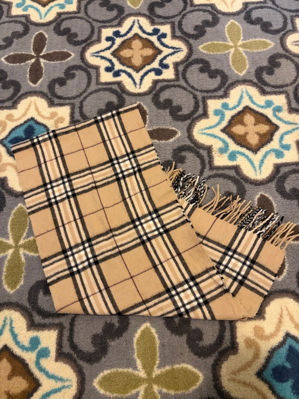 Classic Cashmere Plaid Fringe Scarf in Camel